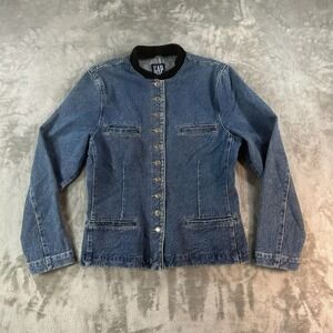 VTG Gap Jacket Womens Medium Blue Denim Button Front Velvet Collar Pockets